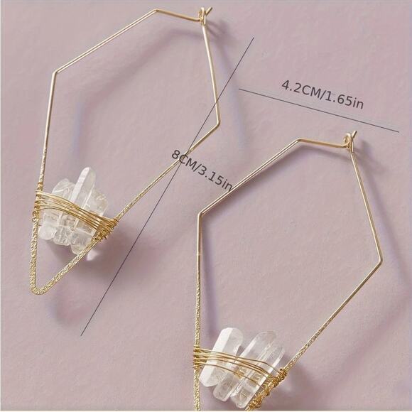 Clear Quartz Gold Handmade Boho Gemstone Crystal Hoop Earrings Hoops Jewelry - Picture 11 of 11